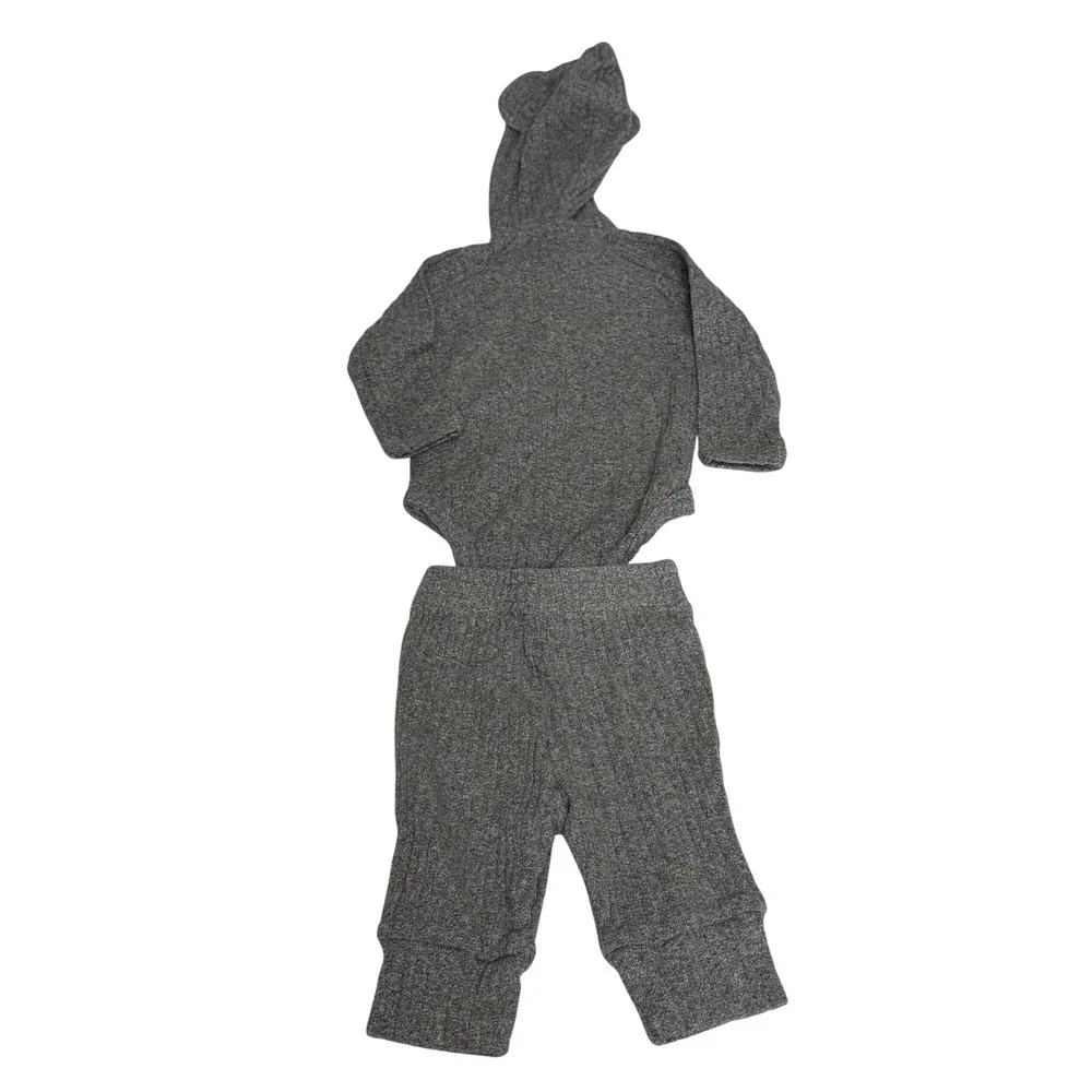 Kate Quinn 0-3M Organic Cotton Ribbed Hooded‎ Bear Ear Bodysuit and Pants Gray